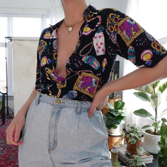 Vintage Tops - vintage button up shirt collared black multi-color mardis gras graphic printed M